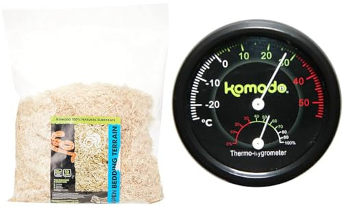 Komodo Aspen Bed Terrain 12L Combined Thermometer & Hygrometer Analog (Black) | Natural Reptile Bedding & Dual Habitat Monitoring Bundle