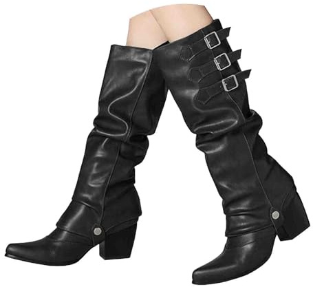 Knähöga stövlar för kvinnor med spänne remmar dubbad runchade stövlar spetsig tå tjock häl dra på bekväm modestövel, Svart, 36.5 EU