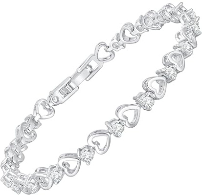 Armband Damen Gold Silber Armkette - 14K Gold/Weißgold Vergoldet Armband Mädchen aus Kupfer, Armbänder mit Herz & Zirkonia, Trauzeugin Armband für Hochzeitstag Geburtstag Jahrestag (Silber, 17 cm)