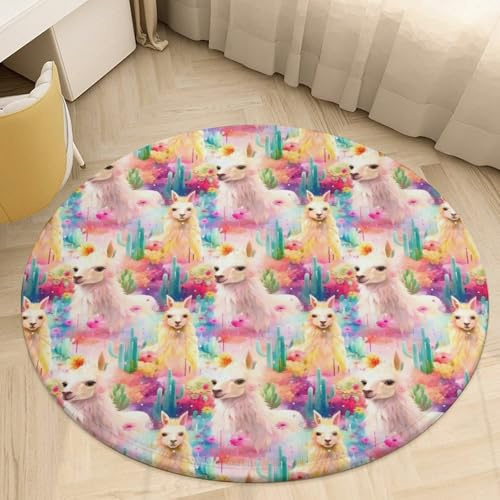 SMAZDFXX Tappeto rotondo colorato e carino con lama, alpaca e cactus, in velluto corallo, antiscivolo, per bagno, soggiorno, camera da letto, cucina, 80 * 80 cm
