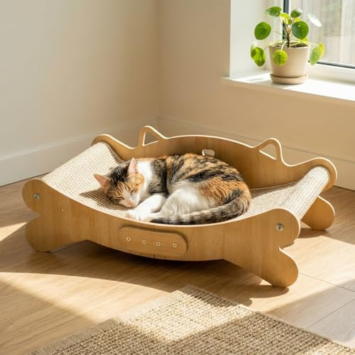 Cat Scratching Board Sisal Cat Scratcher Bed 160° Curved Design, Solid Beech Wood & Sisal Pad Cats Scratch Board, Pet Furniture for All Cats Protecting Furniture Scratching Mat