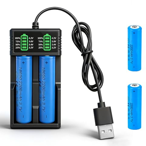 NAVESO 2 baterías recargables de 3,7 V 2200 mAh, batería de iones de litio de 3,7 V con cargador, batería de iones de litio para linterna, ventilador pequeño, timbre, mini ventilador, linterna frontal