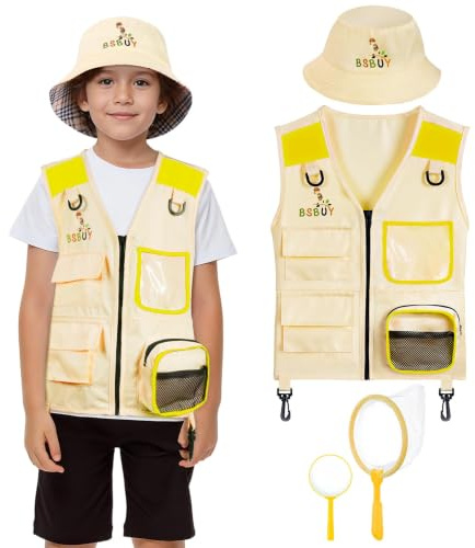 BSBUY Utforskarkit för barn utomhus äventyrsset, 4 st barn utforskare kostym kit insekt jakt kostym hatt väst, utomhus pedagogiskt kit utomhus camping äventyr klänning kläder för utklädning och