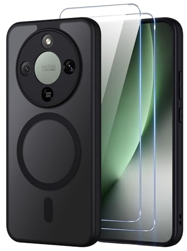 Oelrstfe para Honor Magic 8 Lite 5G Funda Compatible con MagSafe con 2 Piezas Protector Pantalla Cristal Templado, [Protección de Cámara] Magnética Translúcida Trasera Antigolpes Case, Negro