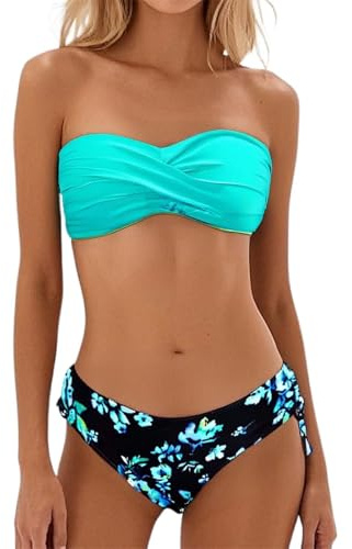 Bikini Sets for Women UK Strapless Swimsuits Twist Front Bandeau Bikini Tops and Triangle Bottoms 2 Piece Swimwear Swimming Costume Women Bathing Suit for Holiday Beach Pool