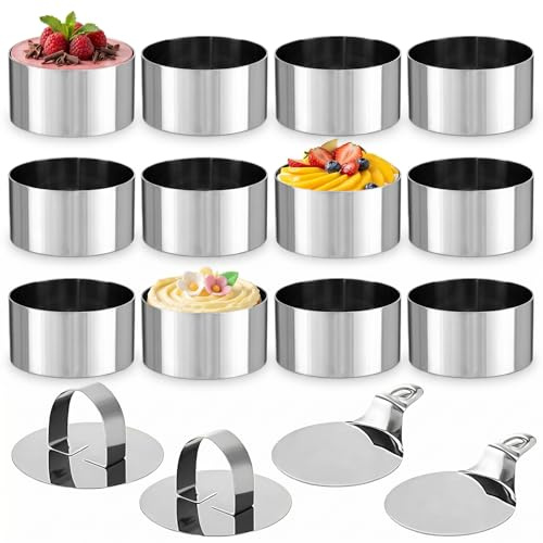 12 Pcs Cake Rings Set, Stainless Steel Mousse Ring Baking Rings | Stainless Steel, Cooking Rings 2 Food Press 2 Spatula for Crumpets Mousse Pastry Desserts Oven Dishwasher Safe