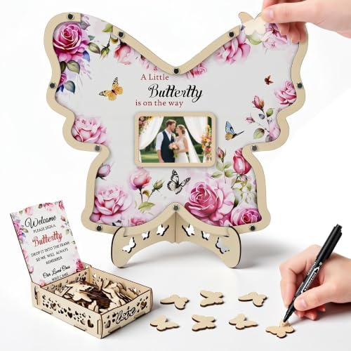 Gästebuch Hochzeit Holz mit 80 Holzschmetterlingen, Kreatives Hochzeitsgästebuch mit Rahmen, Nachrichtenbox & Marker, Personalisierte Gästebuch für Hochzeiten, Geburtstage, Baby-Party & Abschlussfeier