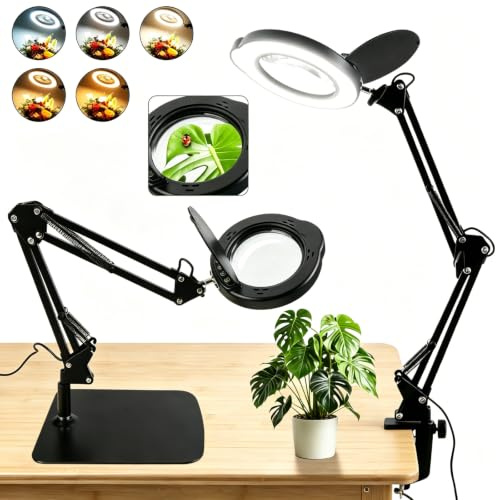 15X Lupe mit Licht und Ständer, 5 Farbmodi Stufenlos Dimmbar Lupenlampe, Lupenleuchte mit 27cm Schwenkarm, 2-in-1 Schreibtischlampe und Klemme, Hände Frei für Naharbeiten, Detailarbeiten