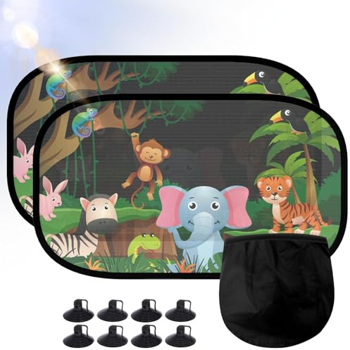 MAILLARD Protección solar para coche bebé–Set de protección UV, 2 piezas de 51x31cm, protección solar para ventanas laterales, lindo patrón de animales, plegable y portátil con bolsa de almacenamiento