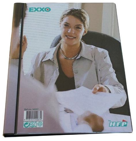 EXXO by HFP 14667 Präsentationsbuch A4 mit Fronttasche, umlaufender Rückentasche und 60 fest eingeschweißten Hüllen, schwarz | Stabiles PP‑Sichtbuch mit 60 Hüllen, Innen‑ & klarer Außentasche – ideal für A4‑Unterlagen im täglichen Einsatz