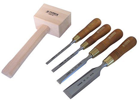 Chisel Set 4 pieces premium polished (8/10/16/32 mm) + Carpenter´s mallet