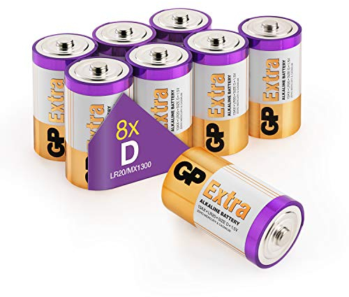 Size/Type D Batteries Pack of 8 LR20 batteries 1.5V by GP Batteries Type D Cell Size Extra Alkaline Batteries ideal for: Toys/Radio’s/Garden equipment