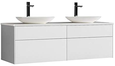 StoneArt Badmöbel Set Mineralguss Waschbecken Waschschale Aufsatzwaschbecken und Unterschrank Waschtisch Einzel- oder Doppelwaschbecken Venice VE-1600pro-3 weiß 160cm