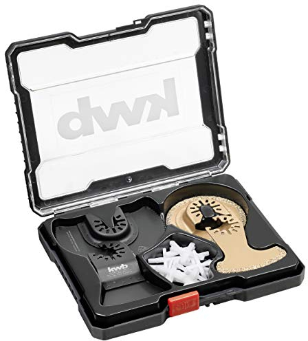 kwb Accessori multiutensile in set da 22 pezzi, lama da sega Ø 87 mm, a forma di dito, raschietto per stucco HM sabbiato semicircolare, raschietto duro, larghezza 52 mm incl. croce per piastrelle