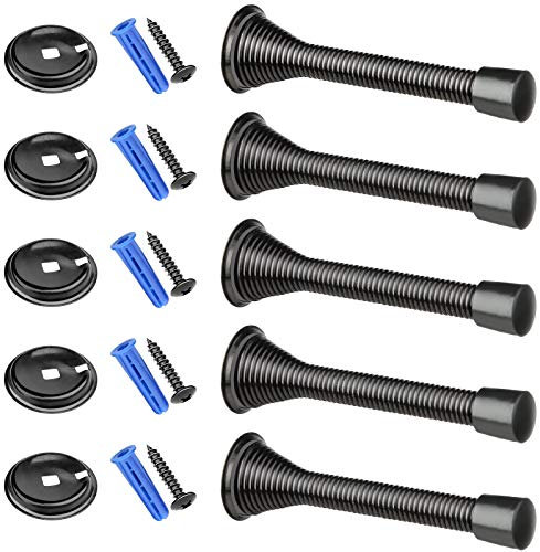 Spring Door Stop 5 Pack Stainless Steel Door Stoppers Door Stop Wall Mounted Doorstops with Screws, Expansion Tube, Base Plate (Black)