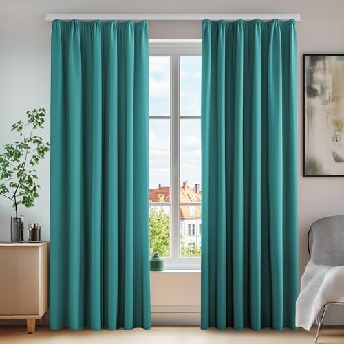 Deconovo Verdunkelnde Vorhänge mit Kräuselband für Schiene Gardinen Türkis | 2er Set, H 160 x B 140 cm, Thermovorhang Hitzeschutz, Schlafzimmer, Lärmschutz, Wärmehaltung, Wohnzimmer Deko, Schienensystem