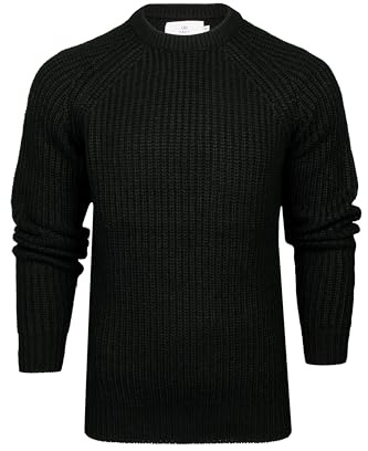 Xact Men's Chunky Fisherman Knit Jumper, Crew Neck, Raglan Sleeve (Black) L