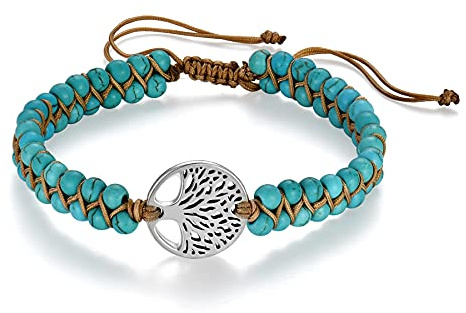 Flongo Böhmische Perlen Edelstein Yoga Armband Wickelarmband Naturstein Healing Reiki Mala Boho Style Kette mit Lebensbaum Anhänger für Frauen