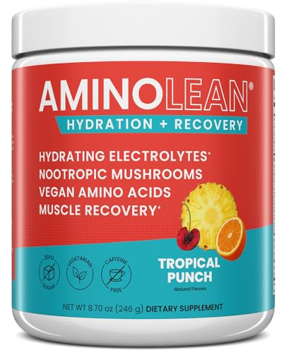 AminoLean Recovery + Hydration – Electrolytes Powder & BCAA Amino Acids for Instant Hydration & Post-Workout Recovery – Nootropic Mushrooms, Vegan Aminos, Zero Sugar, 30 Servings