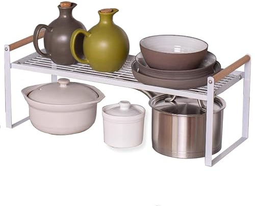 HGYZE Cabinet Shelf 32(L) x21cm, Stackable Kitchen Counter Spice Racks Organizer 20cm Deep, kitchen Cupboard Organiser, Countertop Storage Pantry Shelf, Durable Metal Sink Rack (White)