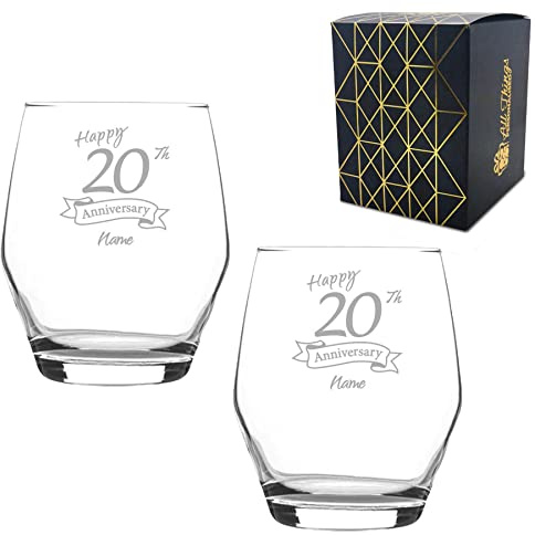 Personalised Engraved 20th Anniversary Glass Set of Two, Ella Whiskey 12.5oz Glass, Engraved in The UK, Personalise with Any Name, Thoughtful Customised Gift