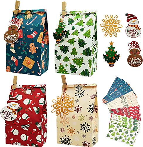 Yucch 24 Stück Geschenktüten Weihnachten, 4 Design Papiertüten Weihnachten für Geschenke, Leckereien, Süßigkeiten, Cookies, Geschenkverpackungen Weihnachten