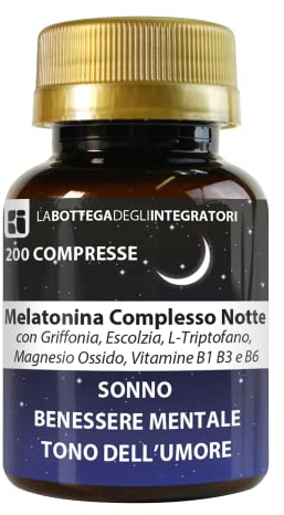 Melatonina Complesso Notte 200 Compresse 1 al dì | con Griffonia Escolzia Triptofano Magnesio Vitamine B1 B3 B6 | Sonno Umore e Rilassamento | Non animale LA BOTTEGA DEGLI INTEGRATORI