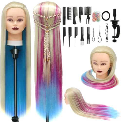 Träningshuvud, 28 inch Frisörsträningshuvud 100% syntetisk fiber hår styling huvud, träningshuvud frisör huvud med gratis klämma och DIY flätning set (Colorful)
