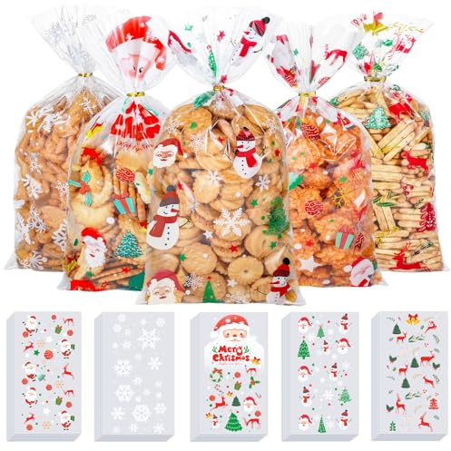 Plätzchentüten Weihnachten,125 Stück Kekstüten Geschenktüten Weihnachten,Cellophantüten Süßigkeiten Tüten,Weihnachtstüten zum Befüllen mit Twist Krawatten für Kekse, Schokolade (5 Stilen)