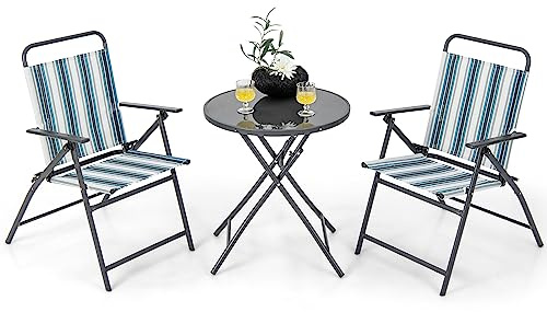 GIANTEX 3-delat set med utemöbler i metall med 2 stolar och runt kaffebord av glas, sittset med bord för gård, veranda, terrass, bakgård