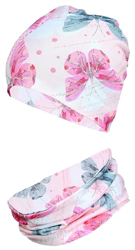 TupTam Mädchen Kinder Beanie Mütze Schlauchschal 2er Set Herbst Winter gefütterte Übergangsmütze mit Loop, Farbe: Jersey zweilagig - Schmetterlinge Rosa Grau, Hat Size: 52