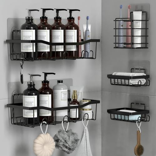 Malajess Duschablage ohne Bohren, 5 Stück Selbstklebend Badregal Badezimmer Organizer, Badezimmer Regal mit Seifenhalter und Haken, Organizer für Shampoo und Duschgel