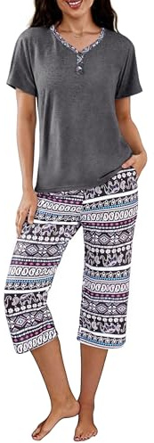 Uniexcosm Pigiama Donna Estivo con Colletto Aperto e Bottoni Pigiama da Donna Corto Estivo Set da Donna con Pantaloni Corti Stampati a 3/4 PAT4 XXL