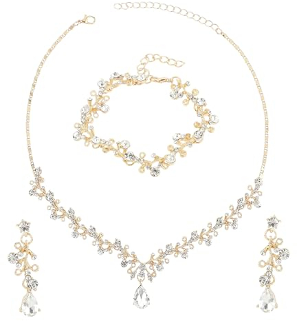 Yolev Braut Hochzeit Strass Schmuck Set Gold Kristall Anhänger Halskette Ohrringe Armband Floral Hochzeit Strass Schmuck Braut Brautjungfer Schmuck