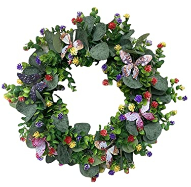 BVCED Künstlicher Eukalyptus-Kranz, 41,9 cm, Künstliche Grüne Blätter, Eukalyptus-Kranz, Künstlicher Grüner Kranz, Eukalyptusblatt-Schmetterlingskranz für Haustür, Wand,(#1)
