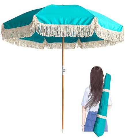 FrgMnt Blau Sonnenschirm Balkon 200cm Blau Strandschirm UV 50+ Mit Fransen Tragbar Gartenschirm Neigbar Dekorativer Tischschirm 8 Rippen Terrassenschirm 32mm Stange Marktschirm Windfest Mit Tasche