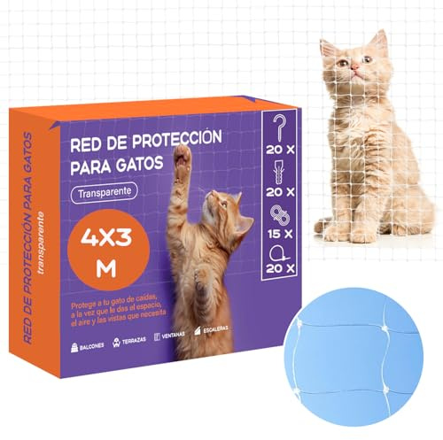 Mablik® Red para Gatos Terraza Transparente (4x3m), con Trama 2x2 cm. Incluye Kit de Instalación. Red Transparente de Nylon (4x3m)