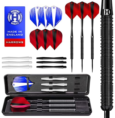Harrows Caliber 90% Tungsten Steel Tip Darts Set I 21g bis 30g Alle Gewichte verfügbar I Riesiges 16-teiliges Bundle mit Ersatzschäften, Prime Flights & Reiseetui