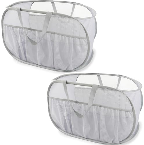 2 Pack Collapsible Laundry Baskets, Upgrade Pop Up Laundry Hamper with Convenient Bags, Foldable Laundry Basket Mesh Light Weight, Easy to Carry Clothes Hampers for Laundry, Dorm, Toys, Travel Grey