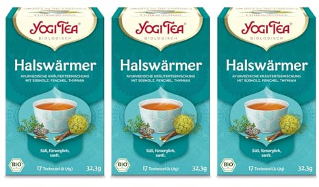Yogi Tea - Halswärmer, Ayurvedischer Bio Gewürz- und Kräutertee, von Natur aus koffeinfrei, Mischung aus Süßholz, Fenchel und Thymian, Yogi Tee 3er Pack, 3x17 Beutel (51 Teebeutel insgesamt)