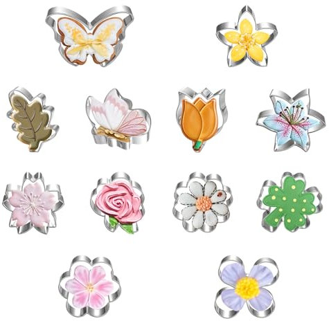 Ausstechformen-Set mit Blume und Blättern, Gänseblümchen, Lilie, Rose, Flieder, Klee, Tulpe, Eichenblatt und Schmetterling, Fondant, 12 Stück