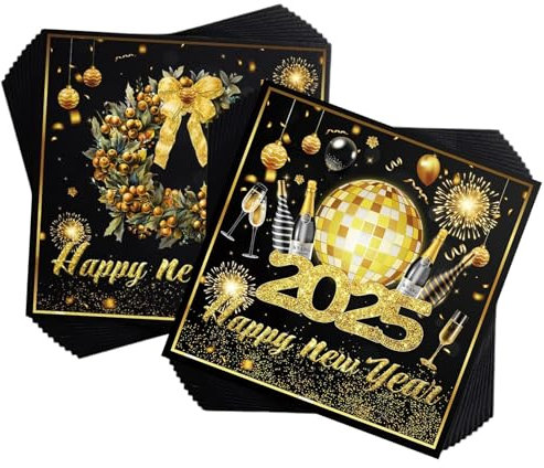 Silvester Deko 2025 - 20 Stück Servietten Schwarz Gold, 33x33cm Tischdeko, Happy New Year