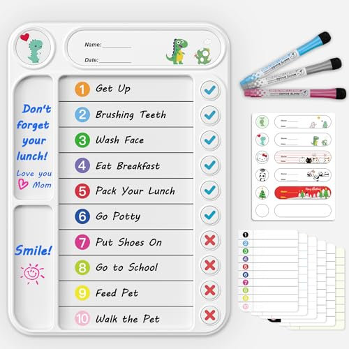 Magnetic Chore Chart for Kids, ADHD Task Tracker Easy-Check Routine Dry Erase Board, to-Do List Planning Tool with Stand for Fridge/Desk/Home/School, 6 Reusable Sheets, 2 Markers-Raw White