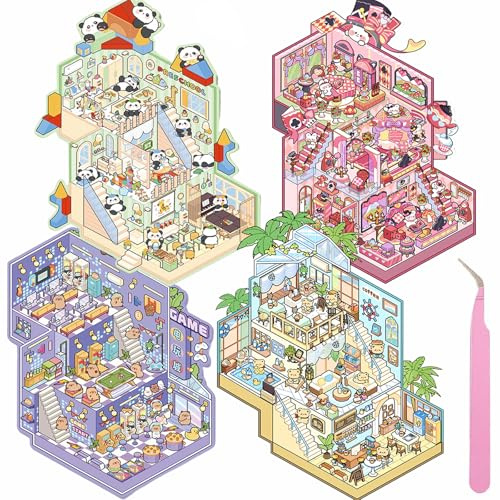 Wnqou 4 Sets DIY 3D House Stickers, 3D Coffee House Scene, Large -Version Simulated Cabin Scene Game, Cute Cartoon Scenery for Adults and Kids, Fun Pink Castle - themed & Kindergarten Cottage Stickers