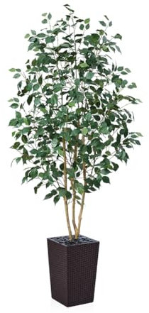 VeriNatural Ficus Künstlich 180cm - Kunstpflanze Groß mit Echtholzstamm, Braun Gewebter Pflanzer, UV-beständiger Künstlicher Baum für Innen & Außen - Perfekt für Wohnzimmer, Balkon, Gartenn, VN129