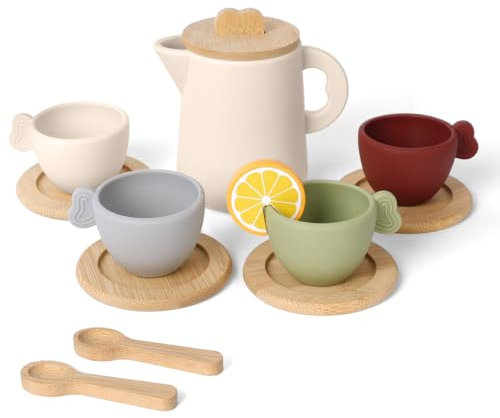 HOTUT Teeservice Kinder aus Holz Silikon,13 Stück Kindergeschirr Teeservice Set, Silikon Spielküche Zubehör,Kinderküche Holzspielzeug,Teeparty Spielküche Rollenspiele Geschenk für Mädchen und Jungen
