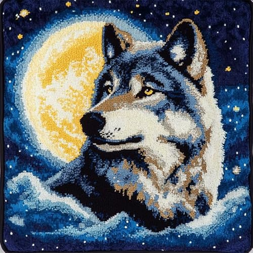 AxiangziK Nachtansicht Sternenhimmel DIY knüpfen set erwachsene knüpfkissen,Tierwolf,Knüpfhaken-Kissen-Set,bedruckte Leinwand für Anfänger,Stickerei,Bastelkissen,17x17in