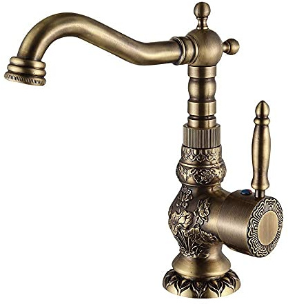 Rustic Antique Copper Kitchen Faucet 360° Rotatable Hot & Cold Water Tap Solid Brass Lavatory Mixer for Bathroom Washbasin Carved Design Easy Installation