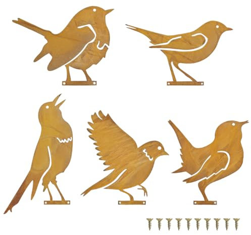 PJHAJH 5Pcs Small Metal Garden Ornaments Outdoor, Birds Silhouette Metal Art Set, Garden Fence Decorations Stakes, Outdoor Art Ornaments for Branches Windowsills