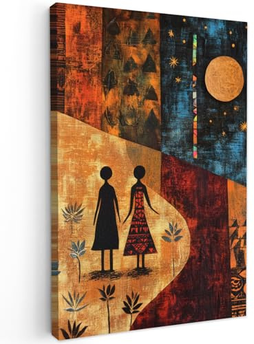 MuchoWow© Bilder Groß XXL Wohnzimmer Deko Modern Wandbild Kunstdruck | 80x120 cm - Leinwand Bild Schlafzimmer über Bett Room Decor Geschenke Silhouetten - Abstrakt - Sonne - Mond
